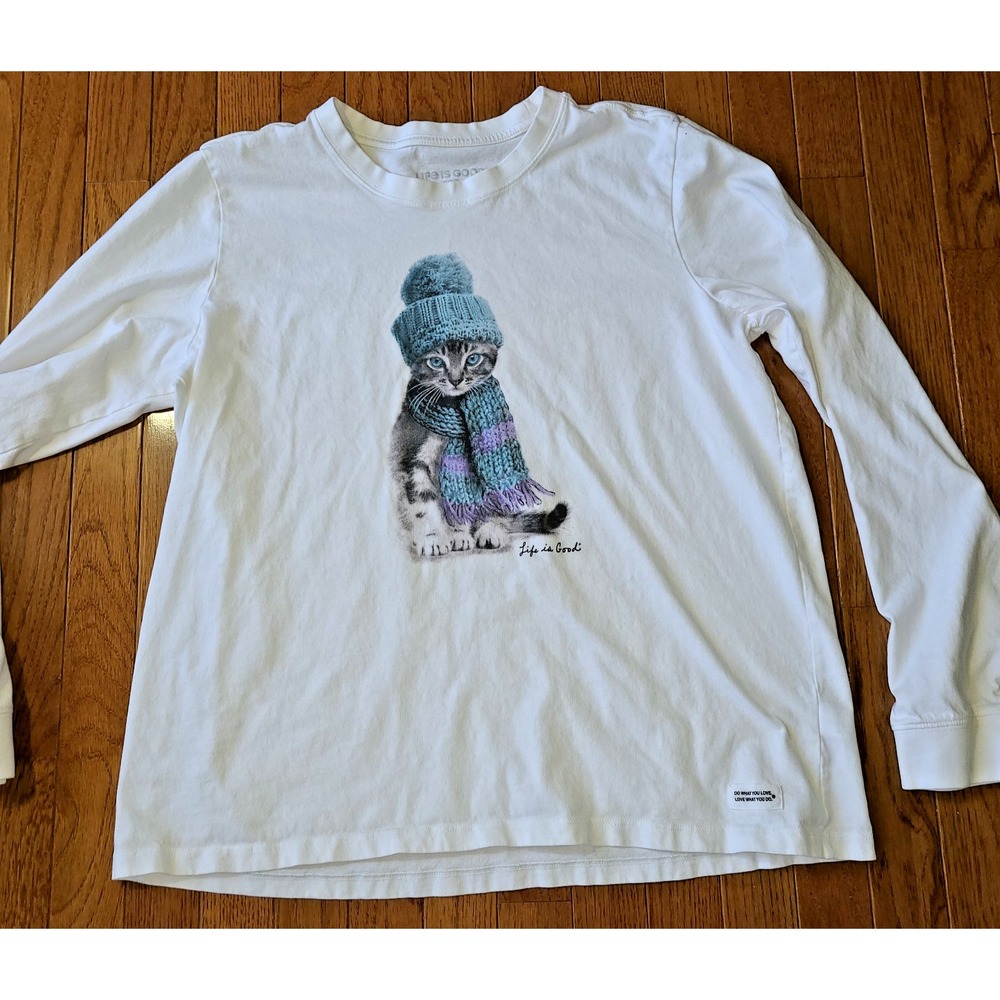 Life Is Good 90s Y2K Cat Kitty Scarf Hat Crewneck White Long Sleeve XL Tshirt
